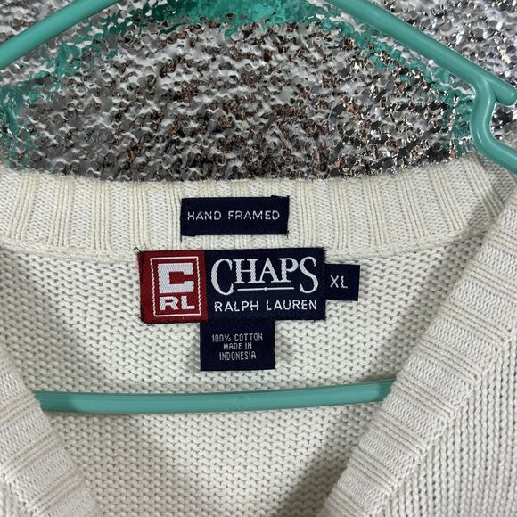 VTG Chaps Ralph Lauren Hand Framed Embroidery Cream Pullover Sweater Crewneck XL - Picture 4 of 6